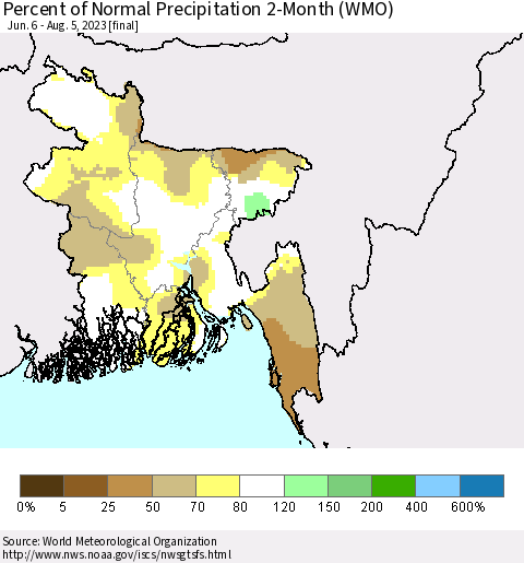 Bangladesh Percent of Normal Precipitation 2-Month (WMO) Thematic Map For 6/6/2023 - 8/5/2023