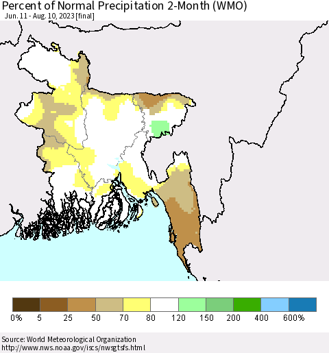 Bangladesh Percent of Normal Precipitation 2-Month (WMO) Thematic Map For 6/11/2023 - 8/10/2023