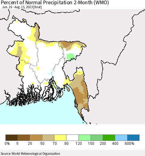 Bangladesh Percent of Normal Precipitation 2-Month (WMO) Thematic Map For 6/16/2023 - 8/15/2023