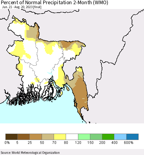 Bangladesh Percent of Normal Precipitation 2-Month (WMO) Thematic Map For 6/21/2023 - 8/20/2023