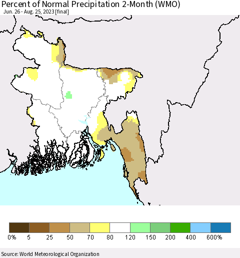 Bangladesh Percent of Normal Precipitation 2-Month (WMO) Thematic Map For 6/26/2023 - 8/25/2023