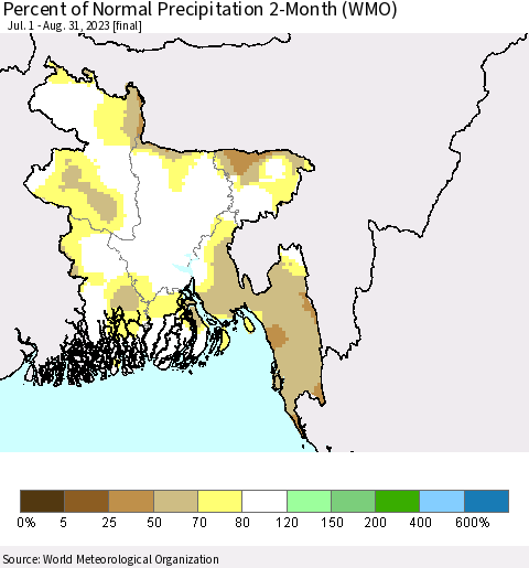 Bangladesh Percent of Normal Precipitation 2-Month (WMO) Thematic Map For 7/1/2023 - 8/31/2023