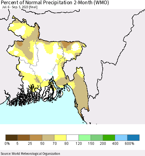 Bangladesh Percent of Normal Precipitation 2-Month (WMO) Thematic Map For 7/6/2023 - 9/5/2023