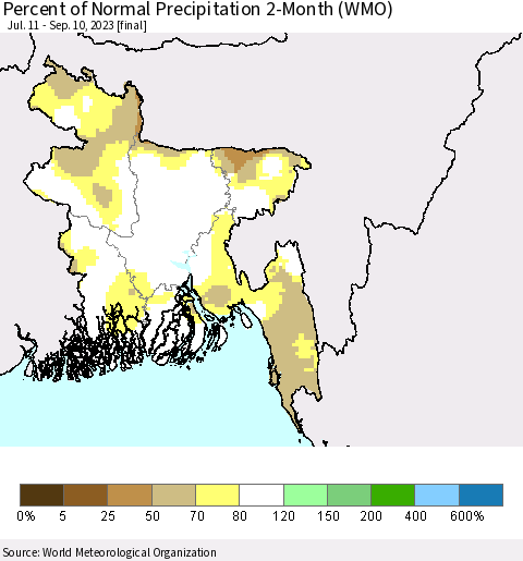 Bangladesh Percent of Normal Precipitation 2-Month (WMO) Thematic Map For 7/11/2023 - 9/10/2023