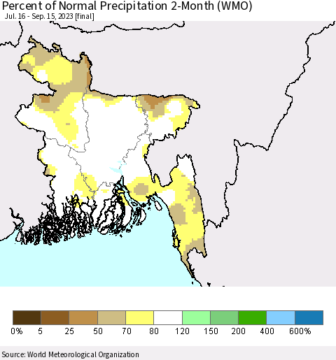 Bangladesh Percent of Normal Precipitation 2-Month (WMO) Thematic Map For 7/16/2023 - 9/15/2023