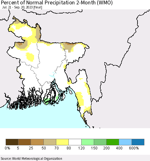 Bangladesh Percent of Normal Precipitation 2-Month (WMO) Thematic Map For 7/21/2023 - 9/20/2023