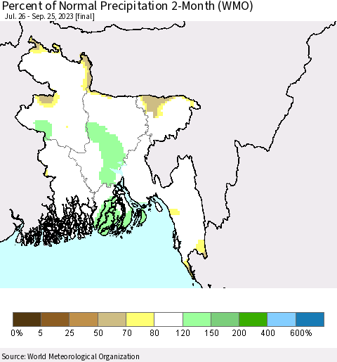 Bangladesh Percent of Normal Precipitation 2-Month (WMO) Thematic Map For 7/26/2023 - 9/25/2023