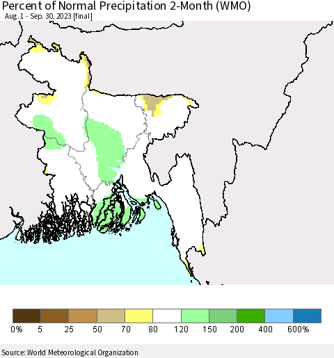 Bangladesh Percent of Normal Precipitation 2-Month (WMO) Thematic Map For 8/1/2023 - 9/30/2023