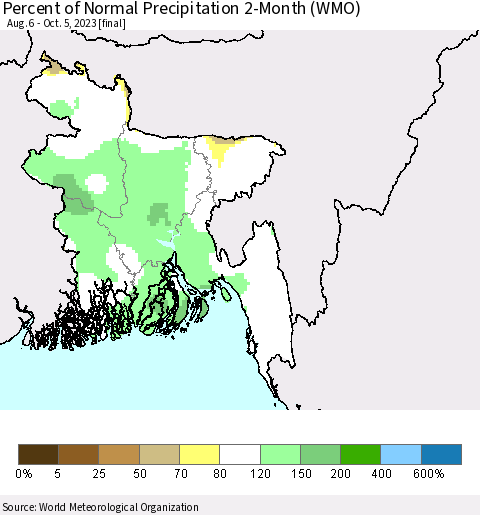 Bangladesh Percent of Normal Precipitation 2-Month (WMO) Thematic Map For 8/6/2023 - 10/5/2023