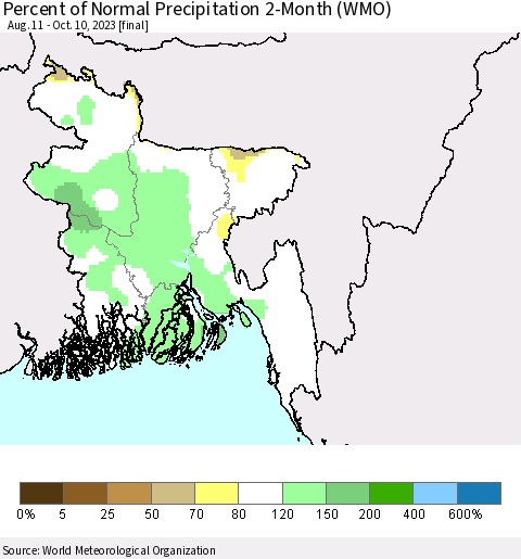 Bangladesh Percent of Normal Precipitation 2-Month (WMO) Thematic Map For 8/11/2023 - 10/10/2023