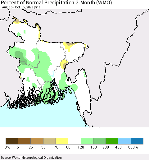 Bangladesh Percent of Normal Precipitation 2-Month (WMO) Thematic Map For 8/16/2023 - 10/15/2023