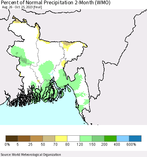 Bangladesh Percent of Normal Precipitation 2-Month (WMO) Thematic Map For 8/26/2023 - 10/25/2023