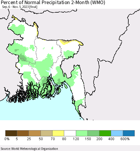 Bangladesh Percent of Normal Precipitation 2-Month (WMO) Thematic Map For 9/6/2023 - 11/5/2023
