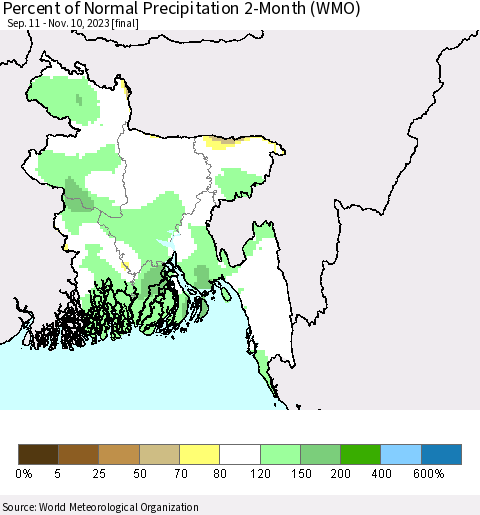 Bangladesh Percent of Normal Precipitation 2-Month (WMO) Thematic Map For 9/11/2023 - 11/10/2023