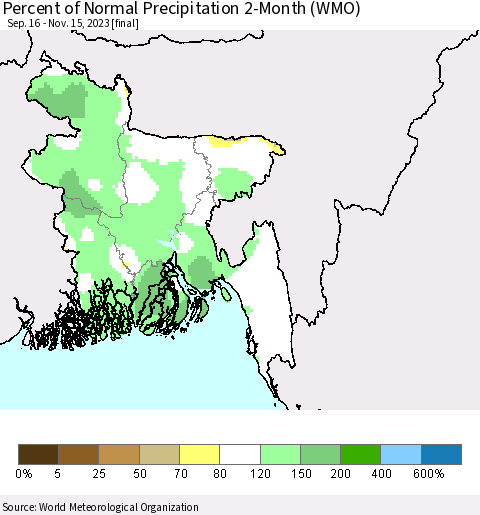 Bangladesh Percent of Normal Precipitation 2-Month (WMO) Thematic Map For 9/16/2023 - 11/15/2023