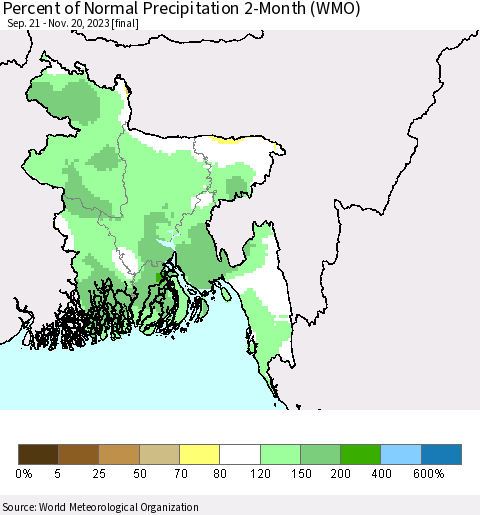 Bangladesh Percent of Normal Precipitation 2-Month (WMO) Thematic Map For 9/21/2023 - 11/20/2023