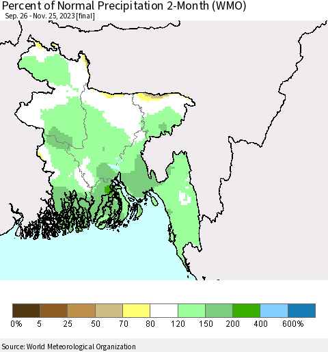 Bangladesh Percent of Normal Precipitation 2-Month (WMO) Thematic Map For 9/26/2023 - 11/25/2023