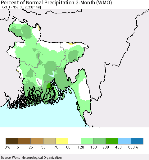 Bangladesh Percent of Normal Precipitation 2-Month (WMO) Thematic Map For 10/1/2023 - 11/30/2023