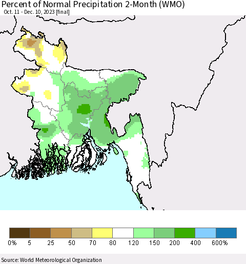 Bangladesh Percent of Normal Precipitation 2-Month (WMO) Thematic Map For 10/11/2023 - 12/10/2023