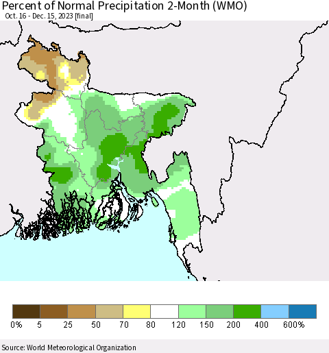Bangladesh Percent of Normal Precipitation 2-Month (WMO) Thematic Map For 10/16/2023 - 12/15/2023