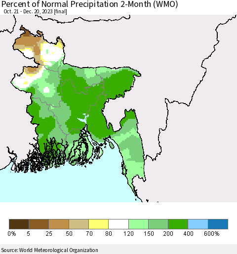 Bangladesh Percent of Normal Precipitation 2-Month (WMO) Thematic Map For 10/21/2023 - 12/20/2023