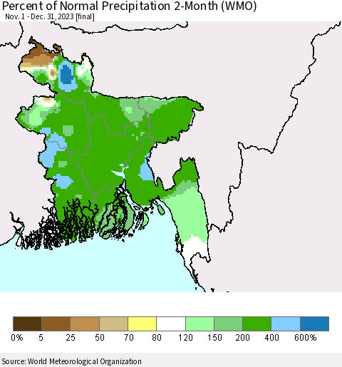 Bangladesh Percent of Normal Precipitation 2-Month (WMO) Thematic Map For 11/1/2023 - 12/31/2023