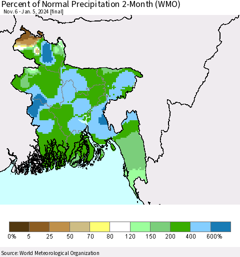 Bangladesh Percent of Normal Precipitation 2-Month (WMO) Thematic Map For 11/6/2023 - 1/5/2024