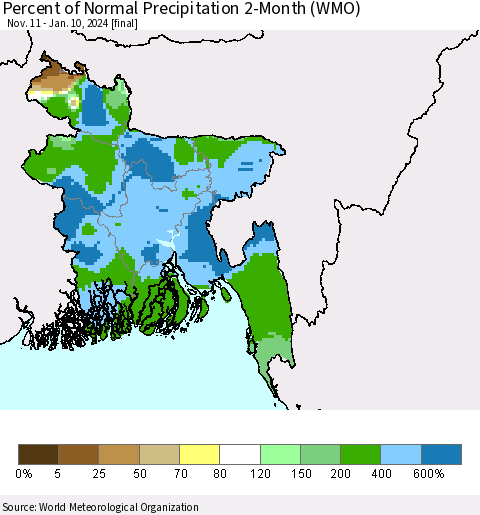 Bangladesh Percent of Normal Precipitation 2-Month (WMO) Thematic Map For 11/11/2023 - 1/10/2024
