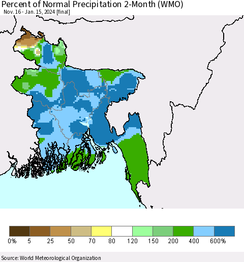 Bangladesh Percent of Normal Precipitation 2-Month (WMO) Thematic Map For 11/16/2023 - 1/15/2024