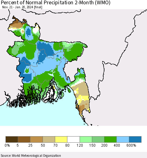 Bangladesh Percent of Normal Precipitation 2-Month (WMO) Thematic Map For 11/21/2023 - 1/20/2024