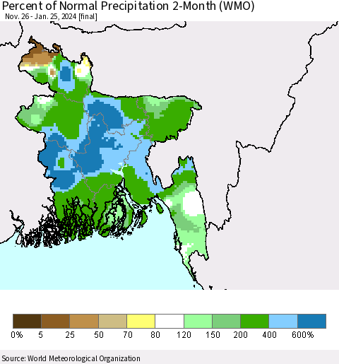 Bangladesh Percent of Normal Precipitation 2-Month (WMO) Thematic Map For 11/26/2023 - 1/25/2024