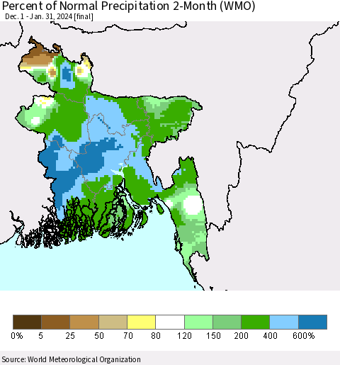 Bangladesh Percent of Normal Precipitation 2-Month (WMO) Thematic Map For 12/1/2023 - 1/31/2024