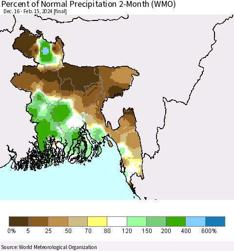 Bangladesh Percent of Normal Precipitation 2-Month (WMO) Thematic Map For 12/16/2023 - 2/15/2024