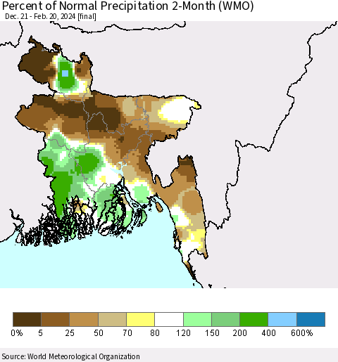 Bangladesh Percent of Normal Precipitation 2-Month (WMO) Thematic Map For 12/21/2023 - 2/20/2024