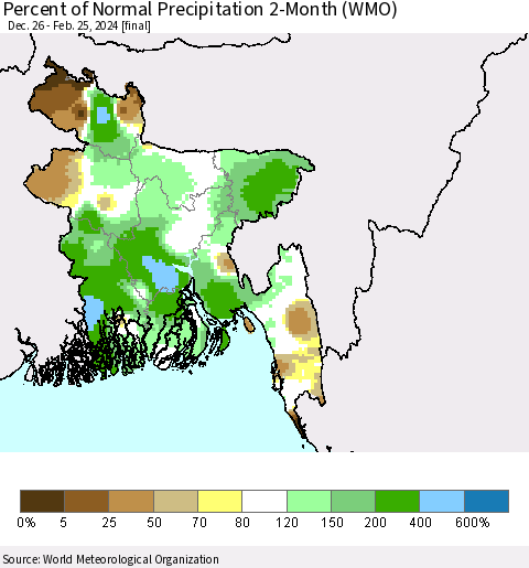 Bangladesh Percent of Normal Precipitation 2-Month (WMO) Thematic Map For 12/26/2023 - 2/25/2024