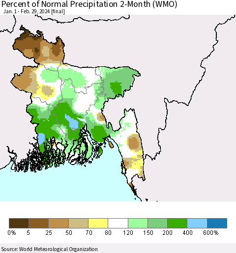 Bangladesh Percent of Normal Precipitation 2-Month (WMO) Thematic Map For 1/1/2024 - 2/29/2024