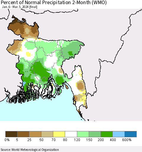 Bangladesh Percent of Normal Precipitation 2-Month (WMO) Thematic Map For 1/6/2024 - 3/5/2024
