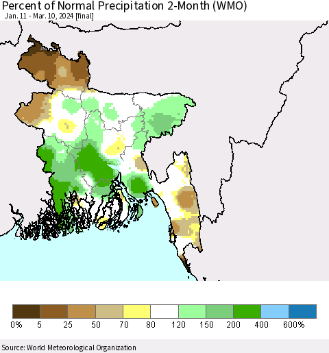 Bangladesh Percent of Normal Precipitation 2-Month (WMO) Thematic Map For 1/11/2024 - 3/10/2024