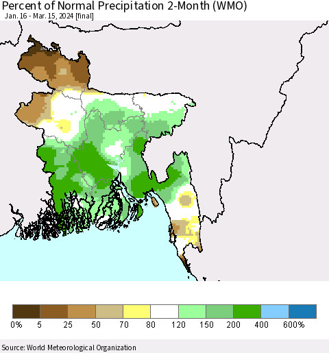 Bangladesh Percent of Normal Precipitation 2-Month (WMO) Thematic Map For 1/16/2024 - 3/15/2024