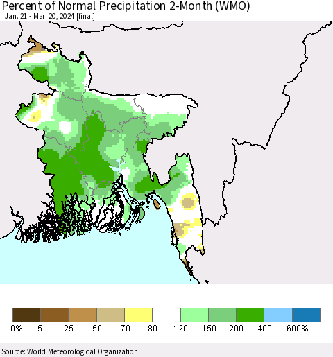 Bangladesh Percent of Normal Precipitation 2-Month (WMO) Thematic Map For 1/21/2024 - 3/20/2024