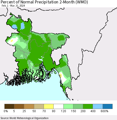 Bangladesh Percent of Normal Precipitation 2-Month (WMO) Thematic Map For 2/1/2024 - 3/31/2024