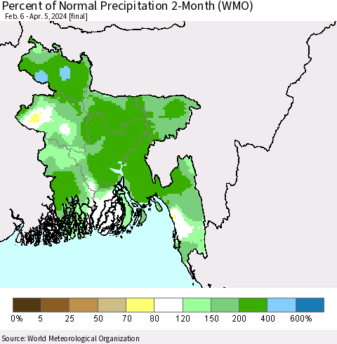 Bangladesh Percent of Normal Precipitation 2-Month (WMO) Thematic Map For 2/6/2024 - 4/5/2024