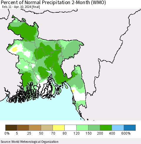 Bangladesh Percent of Normal Precipitation 2-Month (WMO) Thematic Map For 2/11/2024 - 4/10/2024