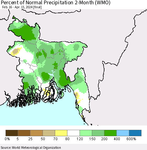 Bangladesh Percent of Normal Precipitation 2-Month (WMO) Thematic Map For 2/16/2024 - 4/15/2024