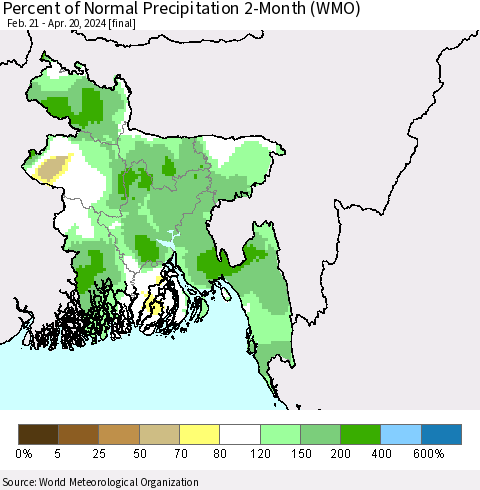 Bangladesh Percent of Normal Precipitation 2-Month (WMO) Thematic Map For 2/21/2024 - 4/20/2024