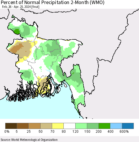 Bangladesh Percent of Normal Precipitation 2-Month (WMO) Thematic Map For 2/26/2024 - 4/25/2024