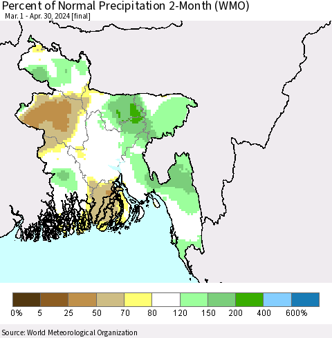 Bangladesh Percent of Normal Precipitation 2-Month (WMO) Thematic Map For 3/1/2024 - 4/30/2024