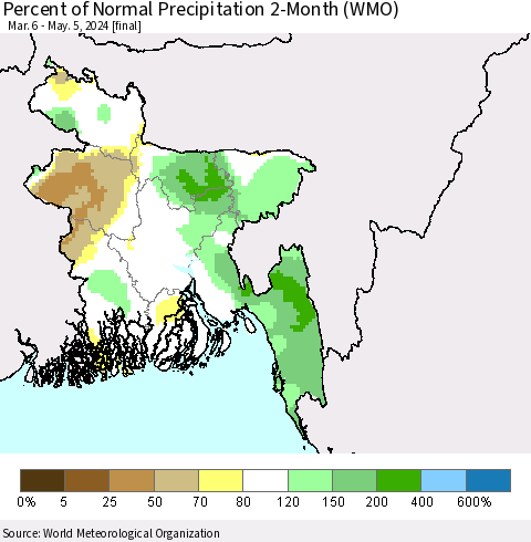 Bangladesh Percent of Normal Precipitation 2-Month (WMO) Thematic Map For 3/6/2024 - 5/5/2024