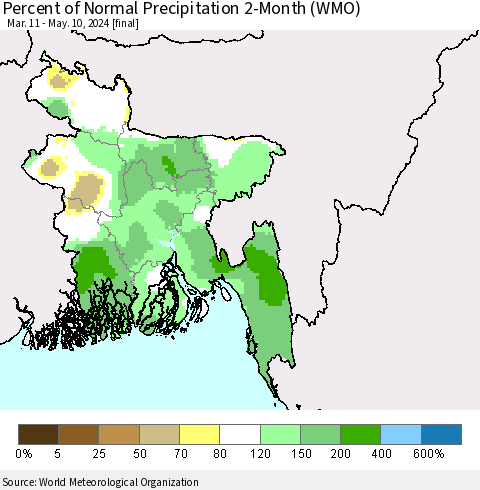 Bangladesh Percent of Normal Precipitation 2-Month (WMO) Thematic Map For 3/11/2024 - 5/10/2024