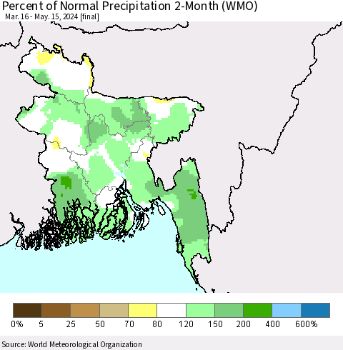 Bangladesh Percent of Normal Precipitation 2-Month (WMO) Thematic Map For 3/16/2024 - 5/15/2024